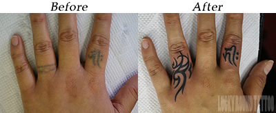 指への梵字とトライバルのカバーアップタトゥー　Lucky Round Tattoo