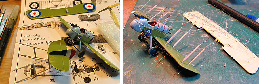 ドイツレベル1/72 デ・ハビランドD.H.2. その２：胴体塗装、張り線完了 